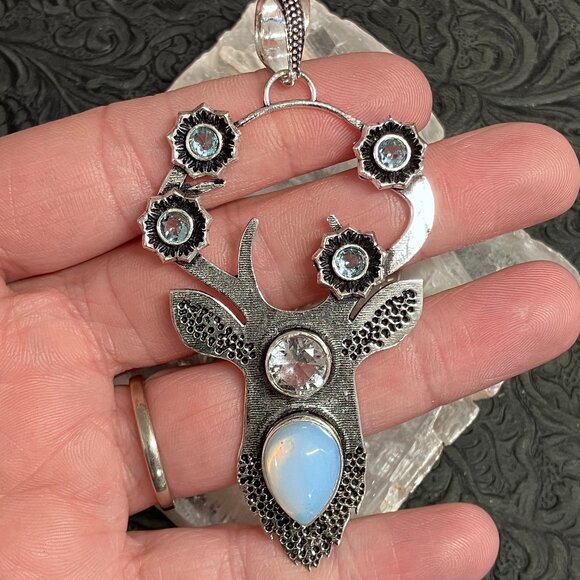 Opalite and Topaz Deer Stag Buck Spirit Animal Fairycore Witchy Pendant Ornament - Picture 1 of 5